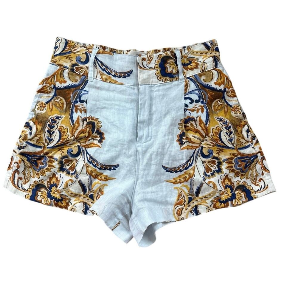 Joie Women's Size Small 100% Linen Golden Brown White Floral High Waisted Shorts